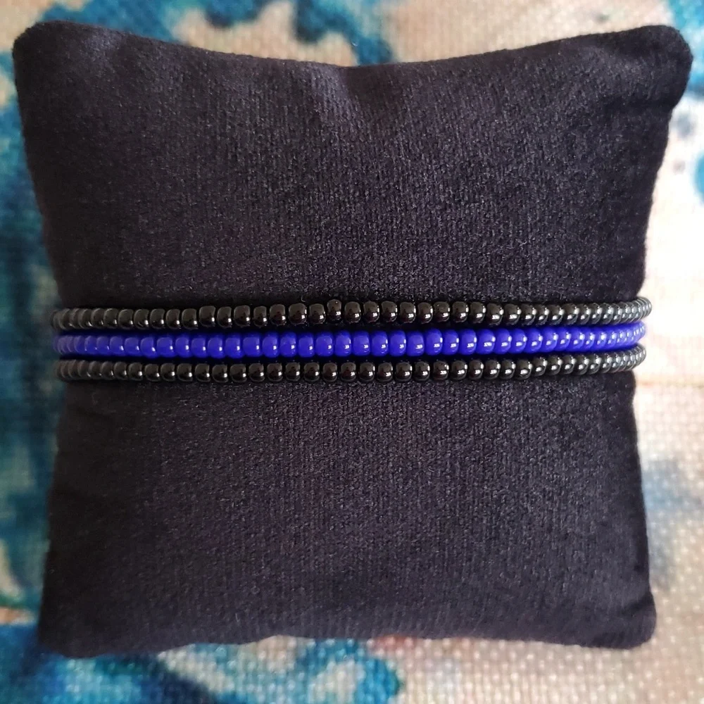 Seed Bead Stack Stretch Bracelets "Blue Line" - Picture 3 of 16